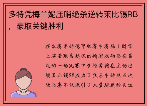 多特凭梅兰妮压哨绝杀逆转莱比锡RB，豪取关键胜利